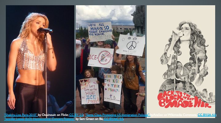 Triptych of singer Shakira in concert, group of children protesting detention of child migrants and Poster of Jenifer Lopez concert.
